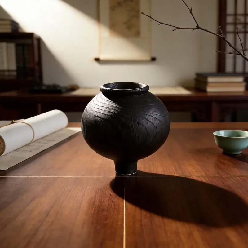 Handmade Carbonized Chestnut Black Vase New Chinese Style Wabi Sabi Home Villa Art Decoration Ornament