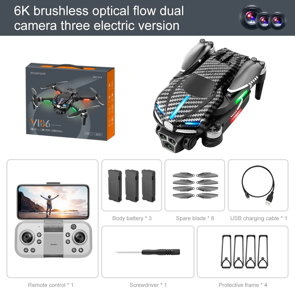 

2024 New V186 Professional Drone 8K Three Camera Brushless Obstacle Avoidance Remote Control Helicopter Folding Four Axis dron