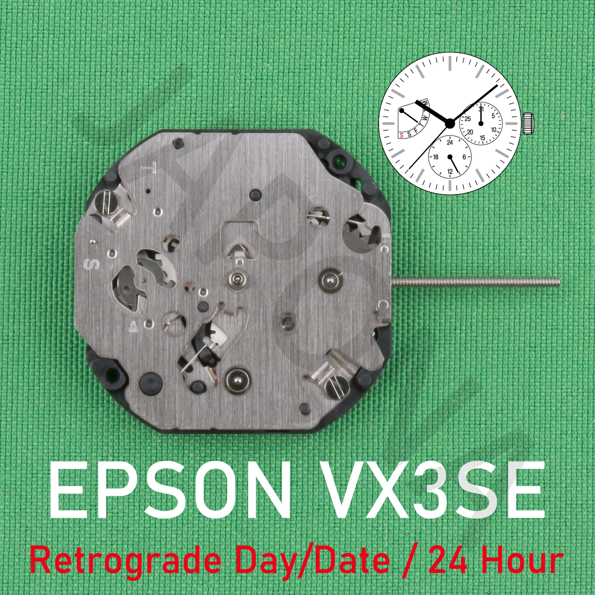 VX3S movement epson VX3SE movement Quartz 10 1/2''' Slim Movement / 3 hands  and 3 eyes with Retrograde day / Date/24 hour