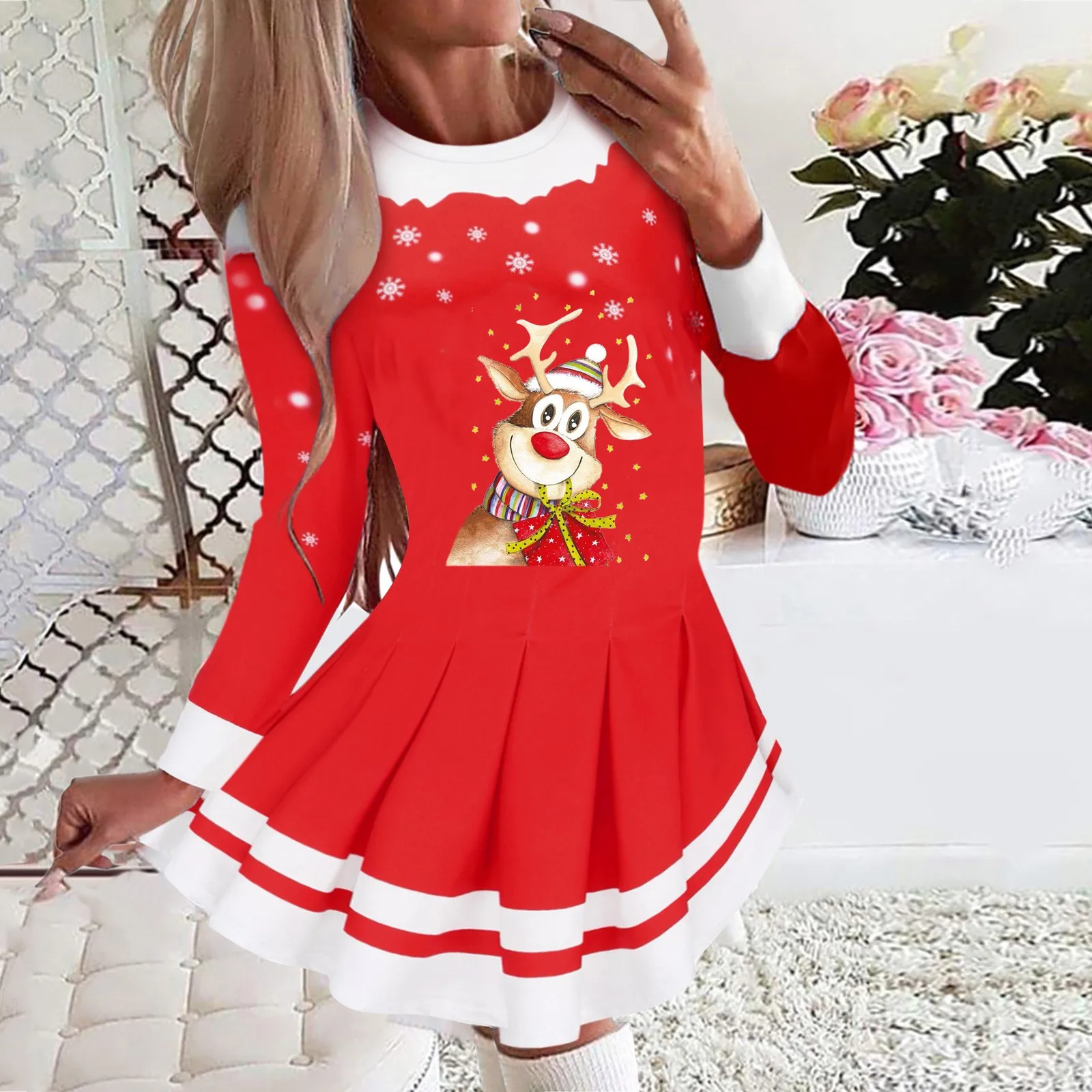 

Women Christmas Dress Eik Snowflake Print Print Long Sleeve Ladies Party Dresses Slim Waist Pleated Xmas New Year Dress Vestido