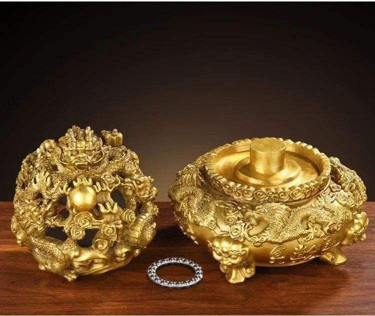 Feng Shui Copper Nine Turn Qiankun Tripod Ornaments Play Beads Living Room Home Decor