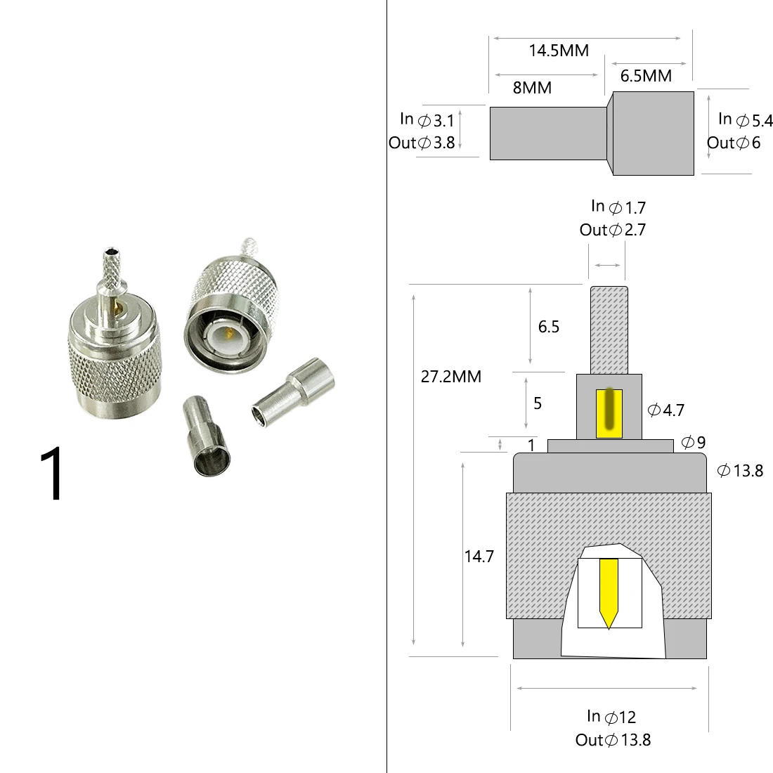 Conector macho hembra TNC, conector coaxial RF, engarce para Cable RG316, RG174, RG58, RG142, cobre niquelado con dibujo, 1-4 piezas, nuevo