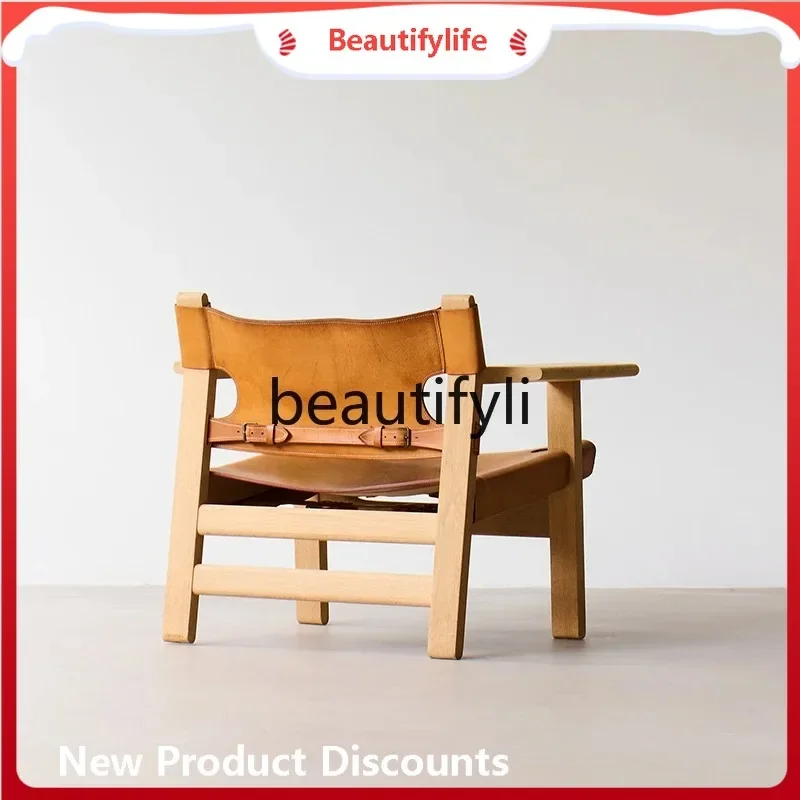 

Single sofa chair log solid wood cherry wood leather