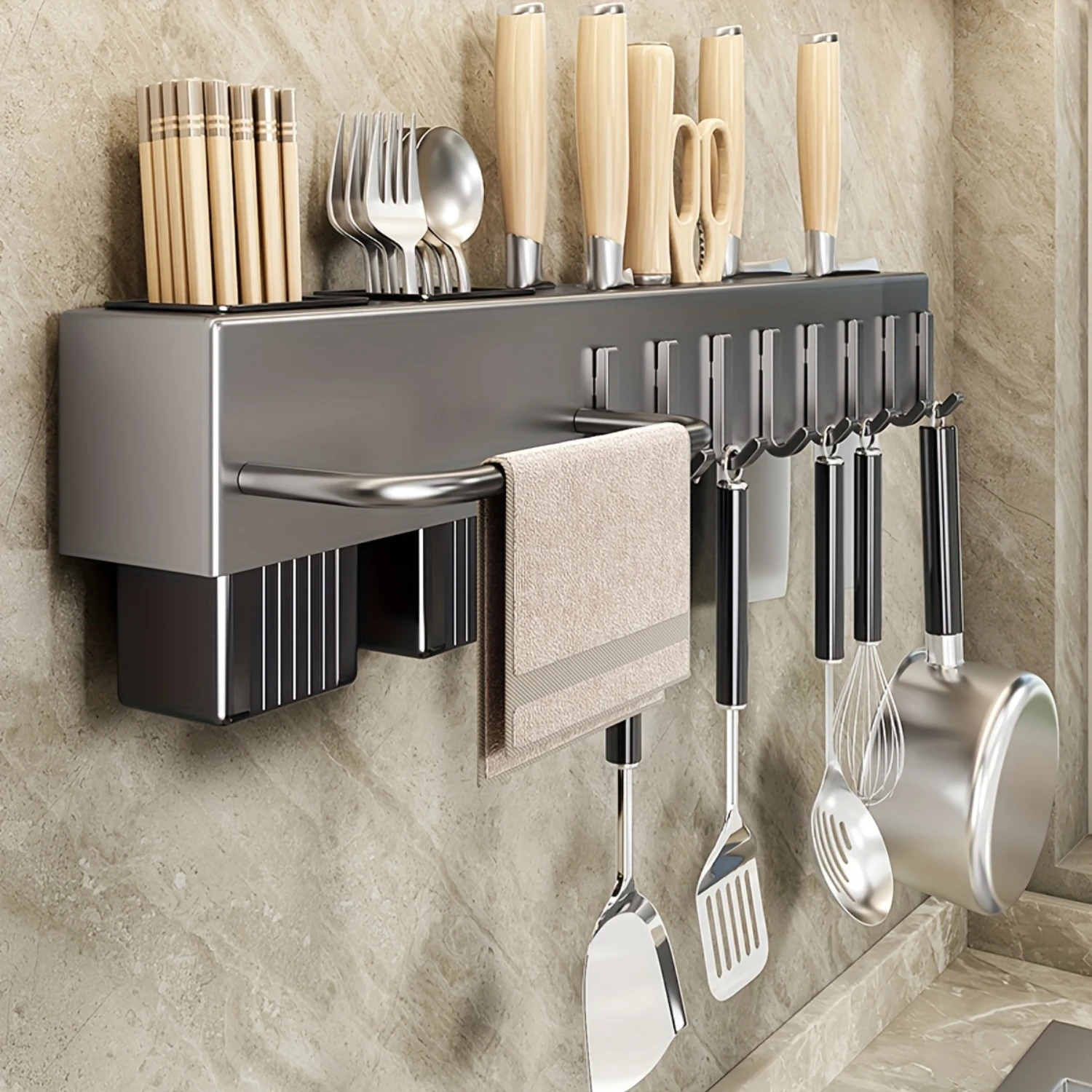 1pc Wall Mounted Multifunctional  Holder, No Drilling Required, Kitchen  Utensil Rack With Integrated Chopstick Cage, Plastic  O