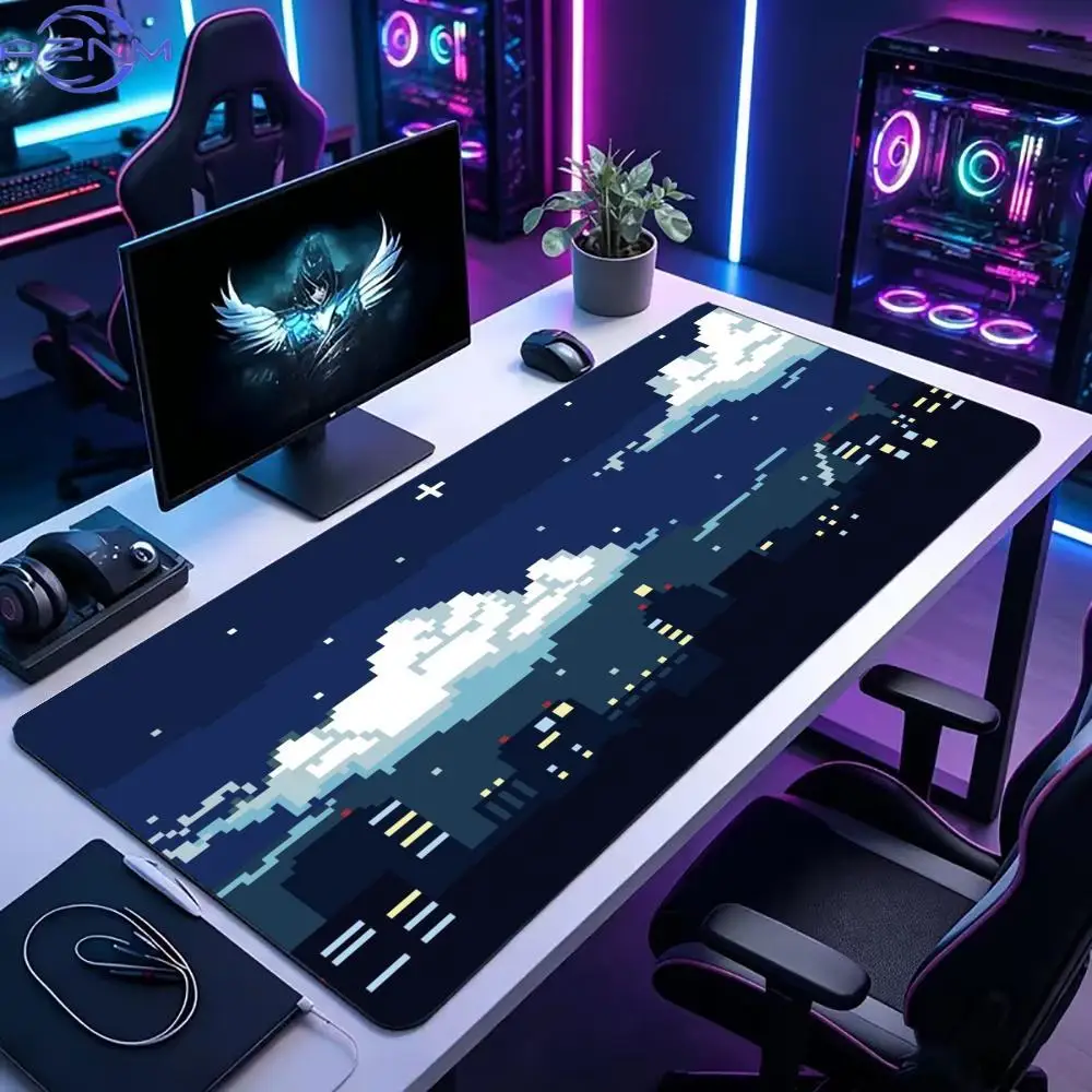 Large XXL Gaming MousePad Desk Mat Keyboard Pad Pixel Art Night City Cloud Star Sky Retro Print NonSlip Rubber E-sports PC Gamer