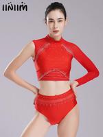 Women Two Piece Ballet Jazz Latin Dancewear Figure Skating Dance Gymnastics Acrobatics Performance Outfit with Rhinestones Decor