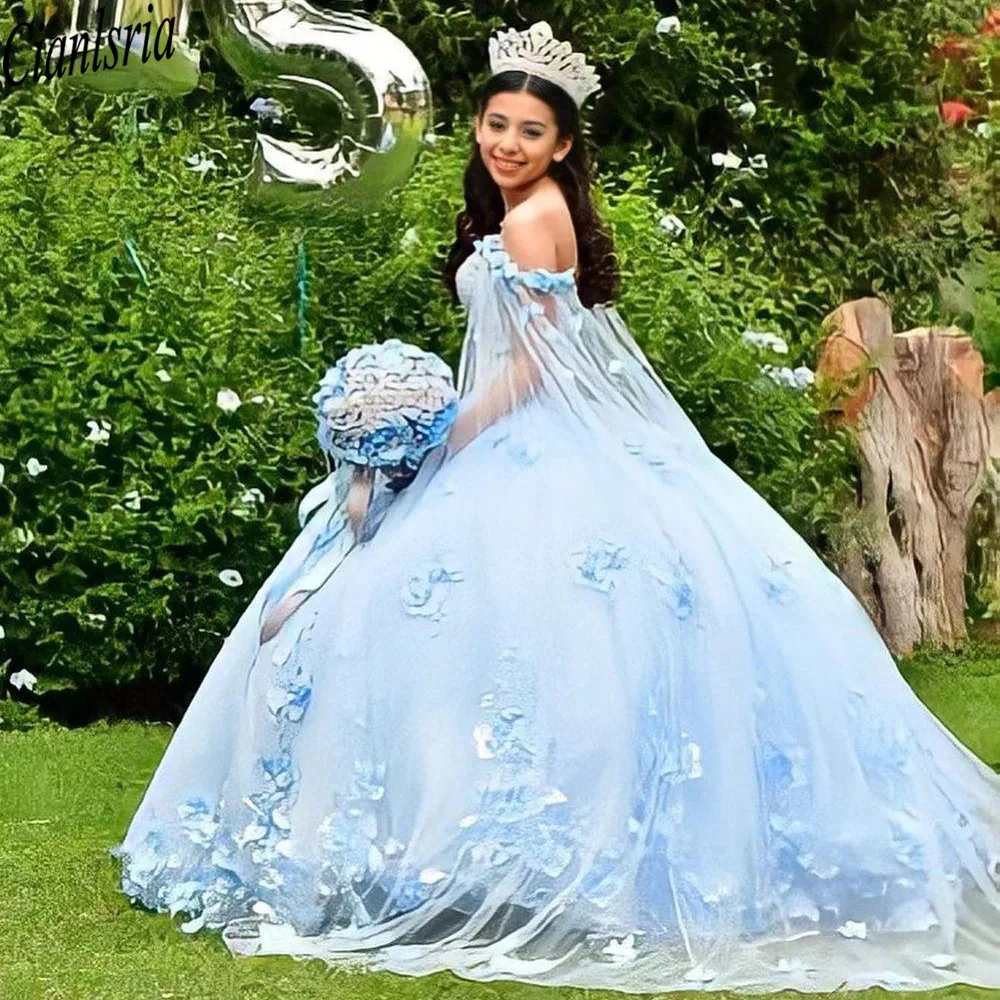 Sky Blue Baljurk Quinceanera Jurken Met Cape Vestidos De 15 Años 2022 Applique Bloemen Backless Zoete 16 Jurk Pageant jassen