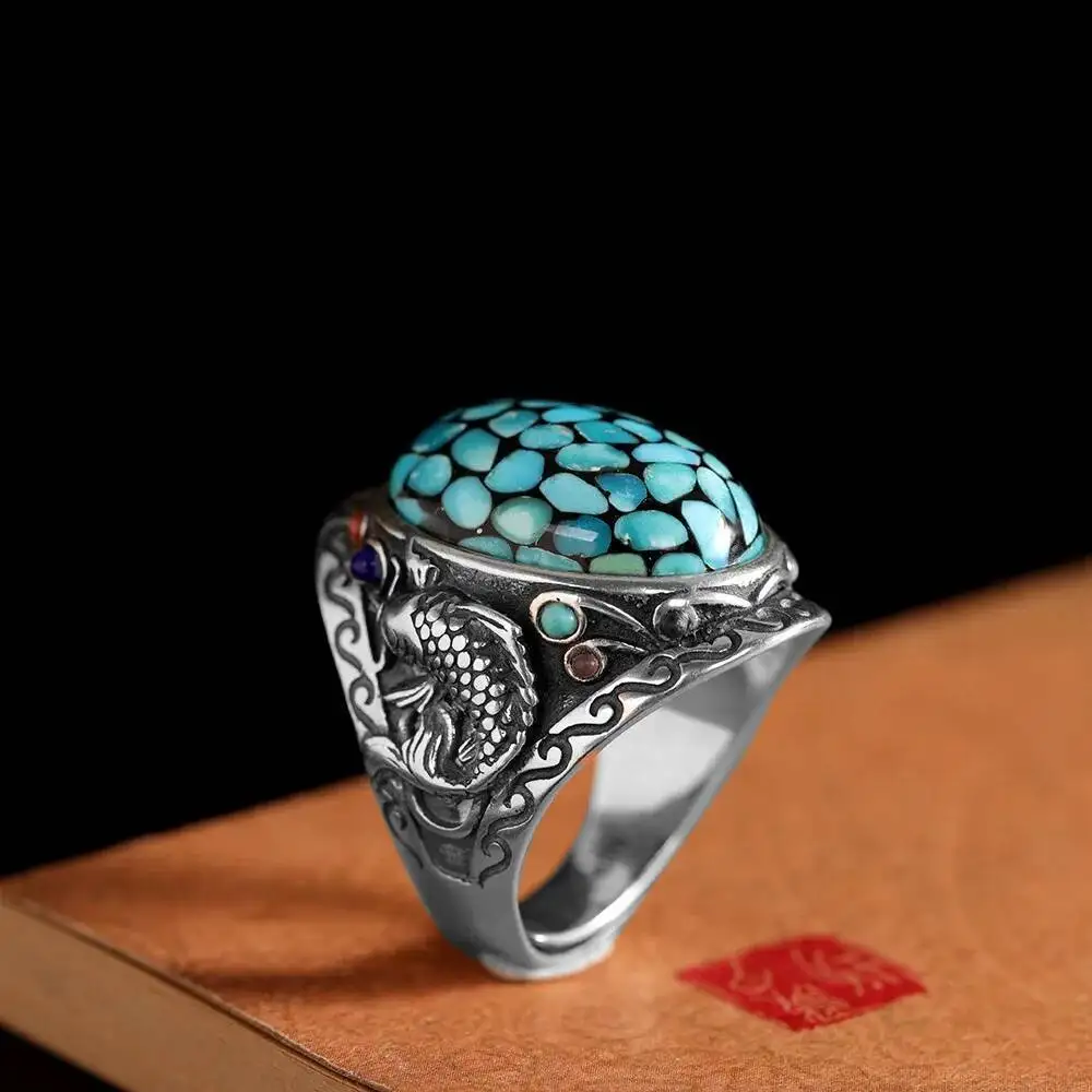 

Регулируемые кольца из стерлингового серебра 925 пробы с гравировкой рыбы для унисекс, ретро, персонализированные, в стиле панк, модное массивное массивное кольцо для влюбленных, подарок