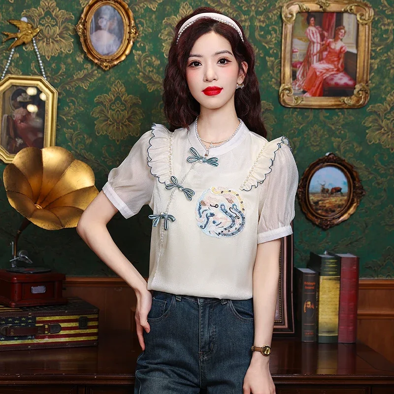 Chiffon Chinese Style Women Blouses Summer Women's Shirts Loose Short Sleeves Tops O-neck Korean Clothing Sales