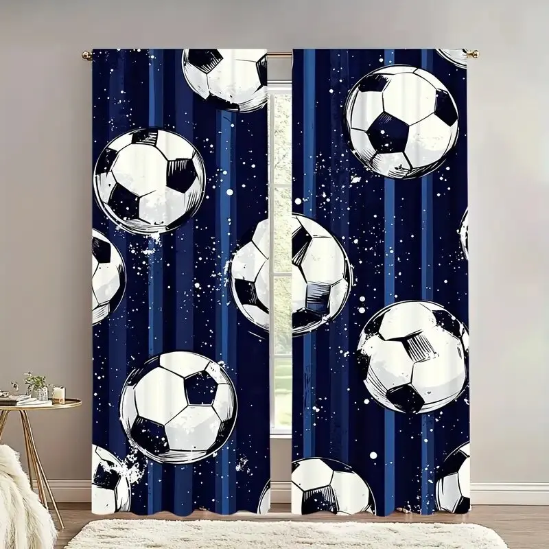 Blue football-printed curtains are suitable for bedrooms and living rooms, home decoration, and Christmas