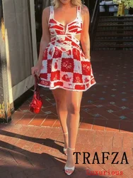 TRAFZA Vintage Sexy Chic Women Dress Print Hollow Out Camisole Vestidos New Fashion 2024 Summer Holiday Mini Party Dress