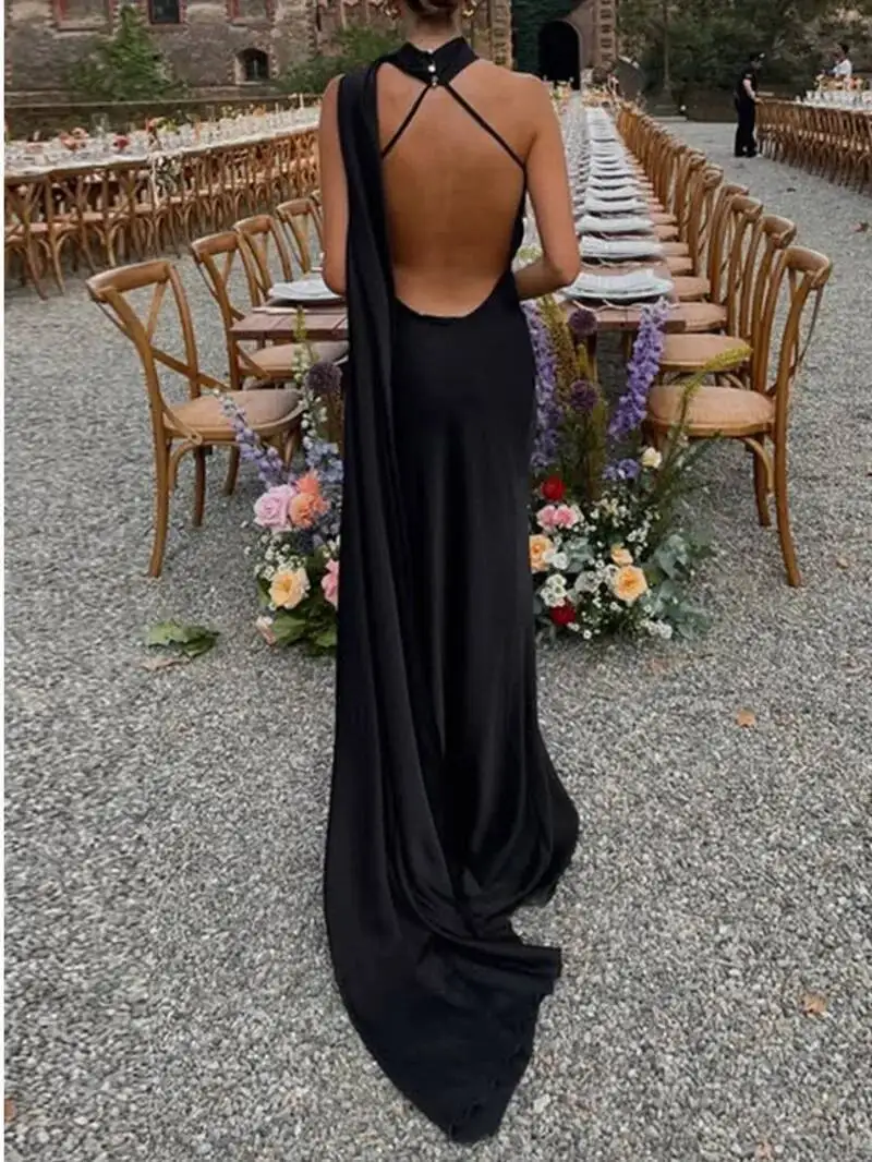 Abito da festa lungo in raso con nastro elegante Abito da donna senza maniche senza schienale solido Abiti da sera chic da donna primavera estate MZ4Q