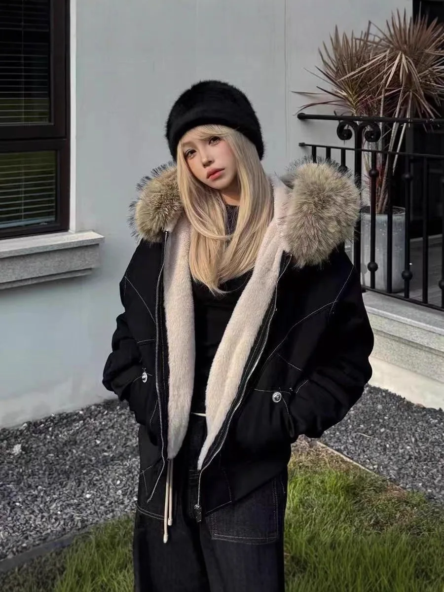 

Winter Fake Big Fur Collar Jacket For Women American Retro Rivet Plush Hooded Overcoat Fashion High Street Warm Thicken Coat