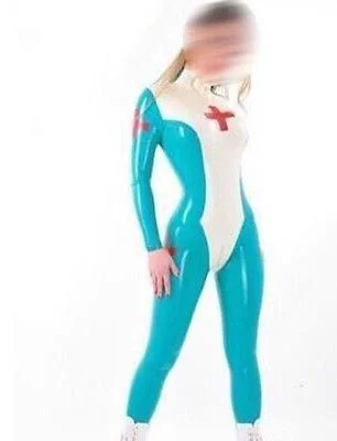 Masquerade PartyLatex Rubber Gummi Light blue Bodysuit Nursing Uniform Catsuit Size XS~XXL 0.45mm  Party