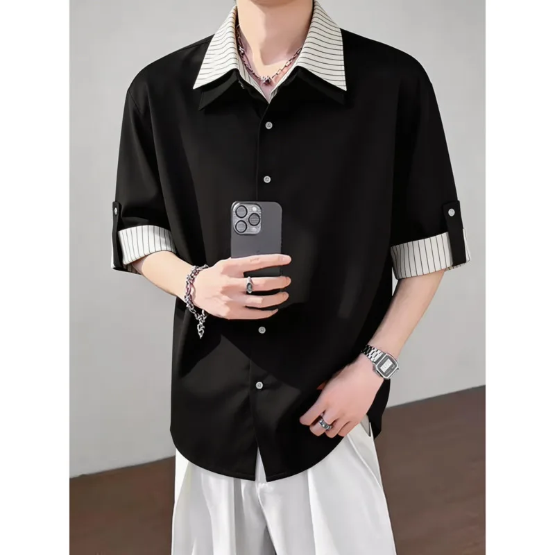 

Summer Short Sleeved Shirt Men Fashion Black Striped Shirt Men Korean Loose White Dress Shirt Mens Office Formal Shirts