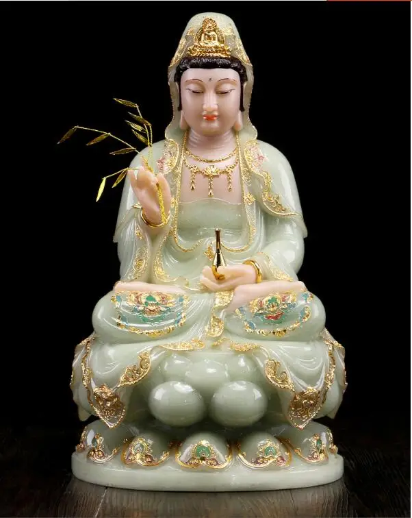 2PCS high-grade jade gilding Guanyin Goddess Mazu Buddha  home Temple efficacious Talisman Mascot carving Sculpture statue