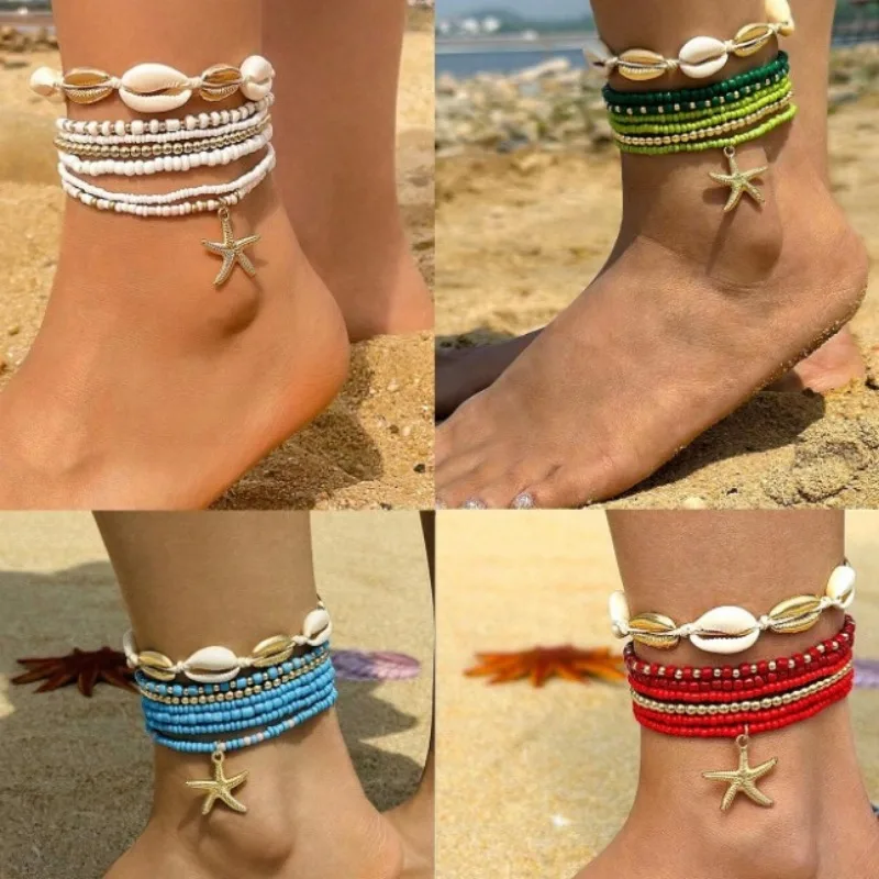 Cross-border New Bohemian Holiday Wind Shell Beaded Braided Women\'s Anklet Beach Wind Starfish Rice Beads Seven-piece Set 2024