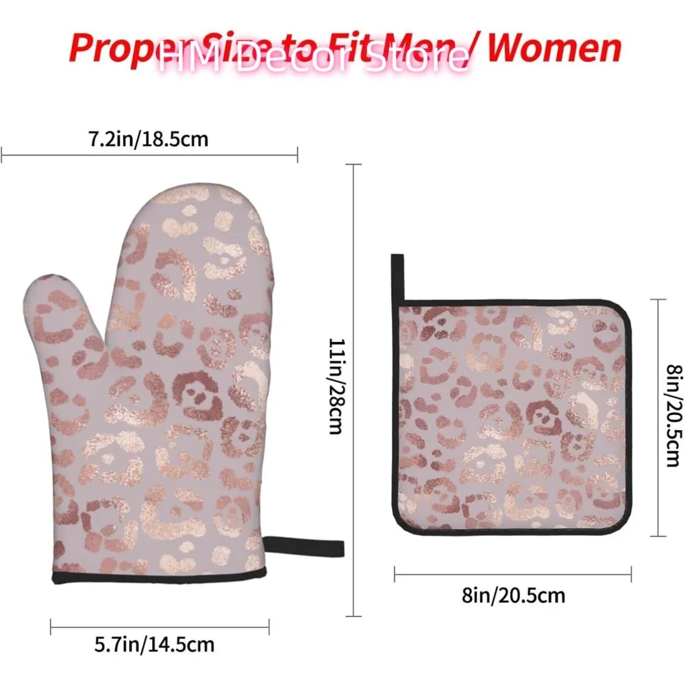 Rose Gold Leopard Print Oven Mitts and Pot Holders Set of 4, Oven Mittens and Potholders Heat Resistant Gloves for Kitchen Cooki