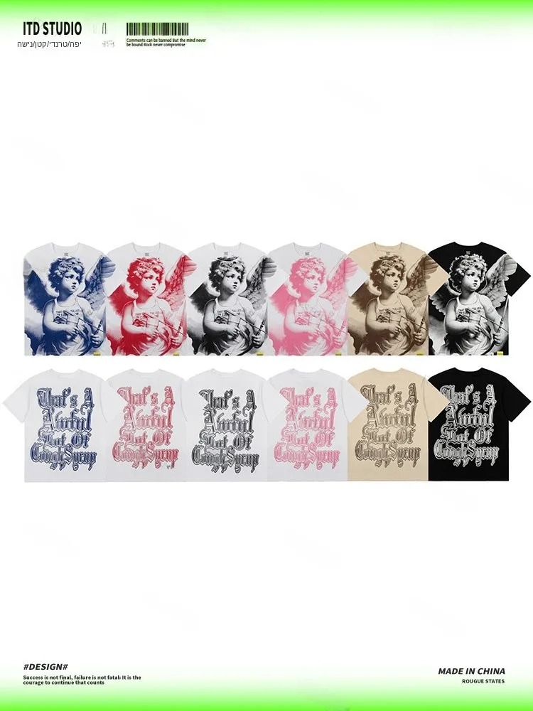 That Cough Syrup Series Angel Bow Print Short Sleeve T-Shirt Street Style Summer Casual Cotton Unisex Breathable round Neck