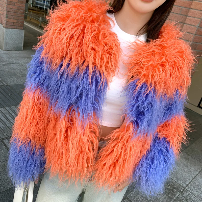 Faux Sheep Wool Short Blue Orange Color-Block Fuzzy Patchwork Women's Coat