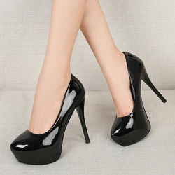 10/12cm Thin Heel Ladies Office Shoes Black Patent Leather Fashion Platform High Heels Pumps Women 2024 New Shallow Party Shoes