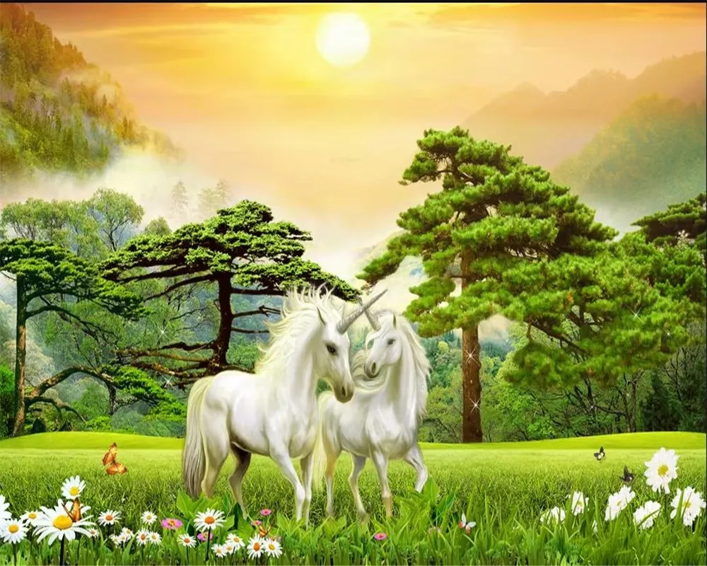 Custom wallpaper Forest background wall painting landscape painting Unicorn white horse animal photo wallpaper papel de parede