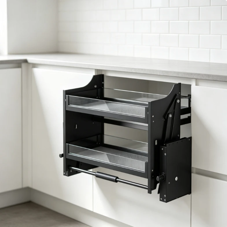 Kitchen Cabinet Pull Down Basket Damping Buffer Double Layer Drawer Organizer Wall Mounted Lifting Storage Rack Shelf