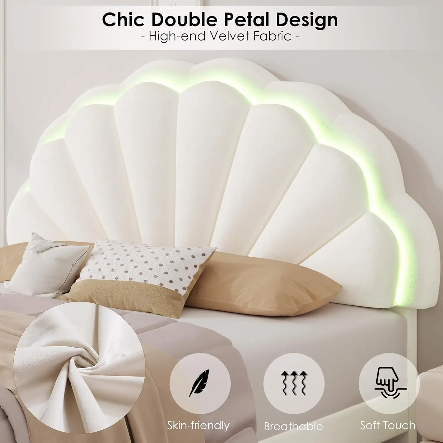 Marco de cama LED inteligente tapizado Queen con 2 cajones de almacenamiento y cabecero de doble pétalo elegante ajustable, plataforma Princess de terciopelo