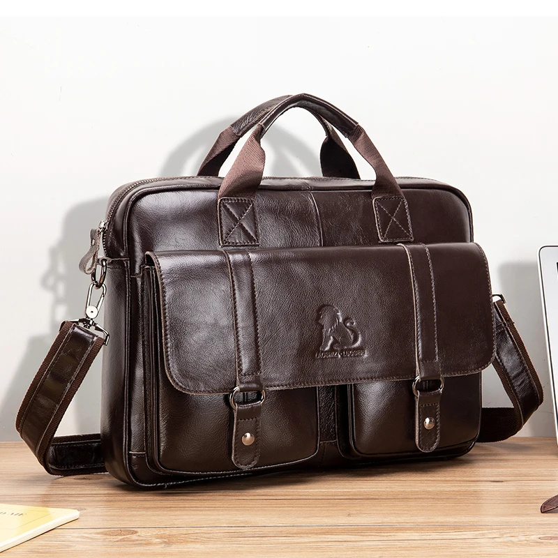 Genuine leather men's briefcase with double front pockets, large capacity computer bag, diagonal cross handbag