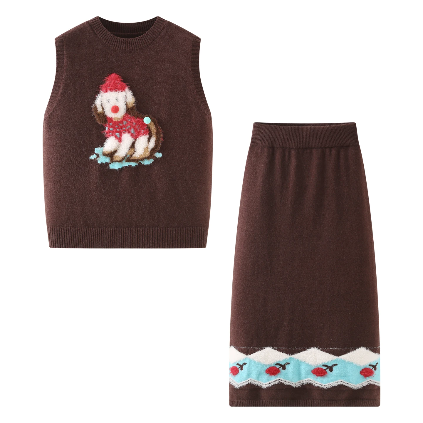 2025 خريف شتاء جديد المرأة خمر الكرتون جرو سترة جاكار عالية الخصر فضفاضة تنورة طويلة غير رسمية قطعتين مجموعة