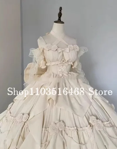 Luxe zuiver witte galajurk Victoriaanse gezwollen geplooide korset gelaagde vlinderdas parel halter maskerade rollenspel jurk op maat