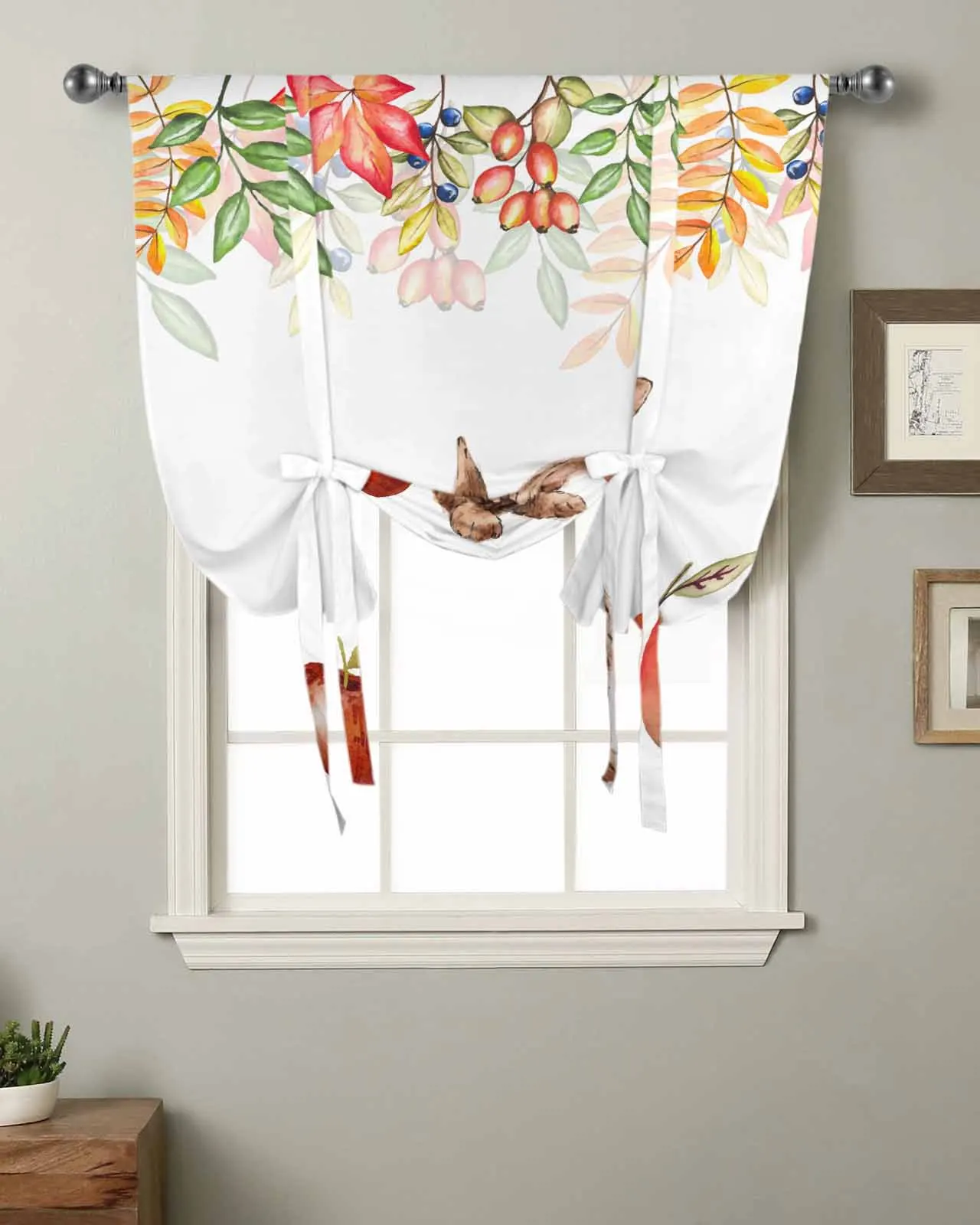 Autumn Plant Rabbit Pear Leaves Watercolor Window Curtain for Living Room Home Decor Blinds Drapes Kitchen Tie-up Short Curtains