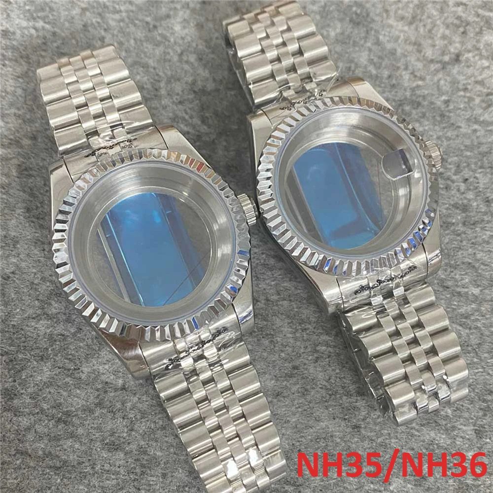 

39mm/36mm Watch Case+Strap for NH35 NH36 Case Transparent Bottom Stainless Steel Watchband Shell for NH38 Movement Parts