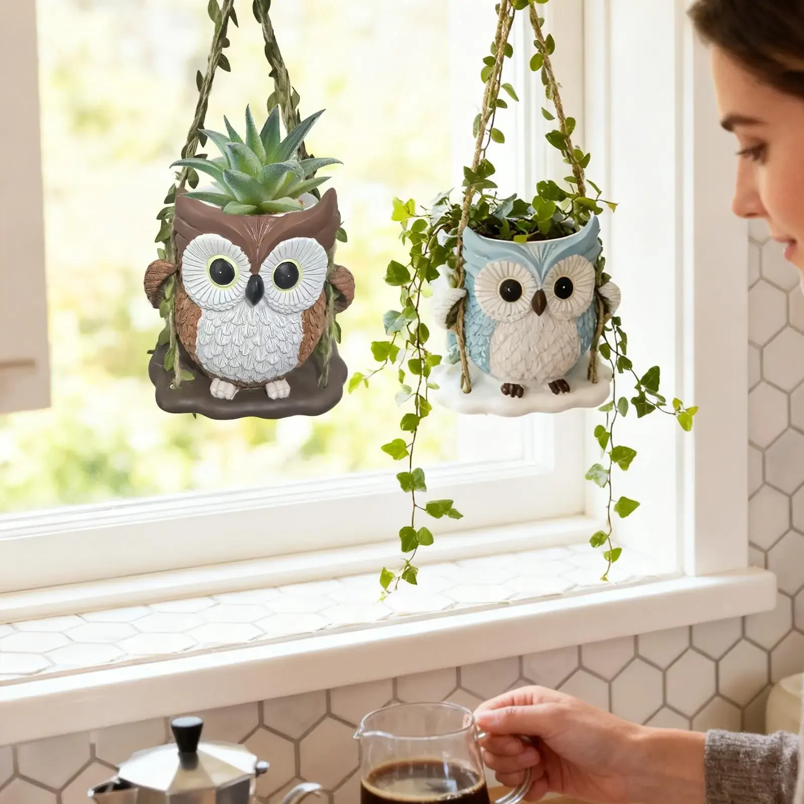 Cute Plant Pots Resin with Drainage Hole Owl Planter Small Plant Pots for Indoor Outdoor Garden Patio Porch Bedroom Living Room