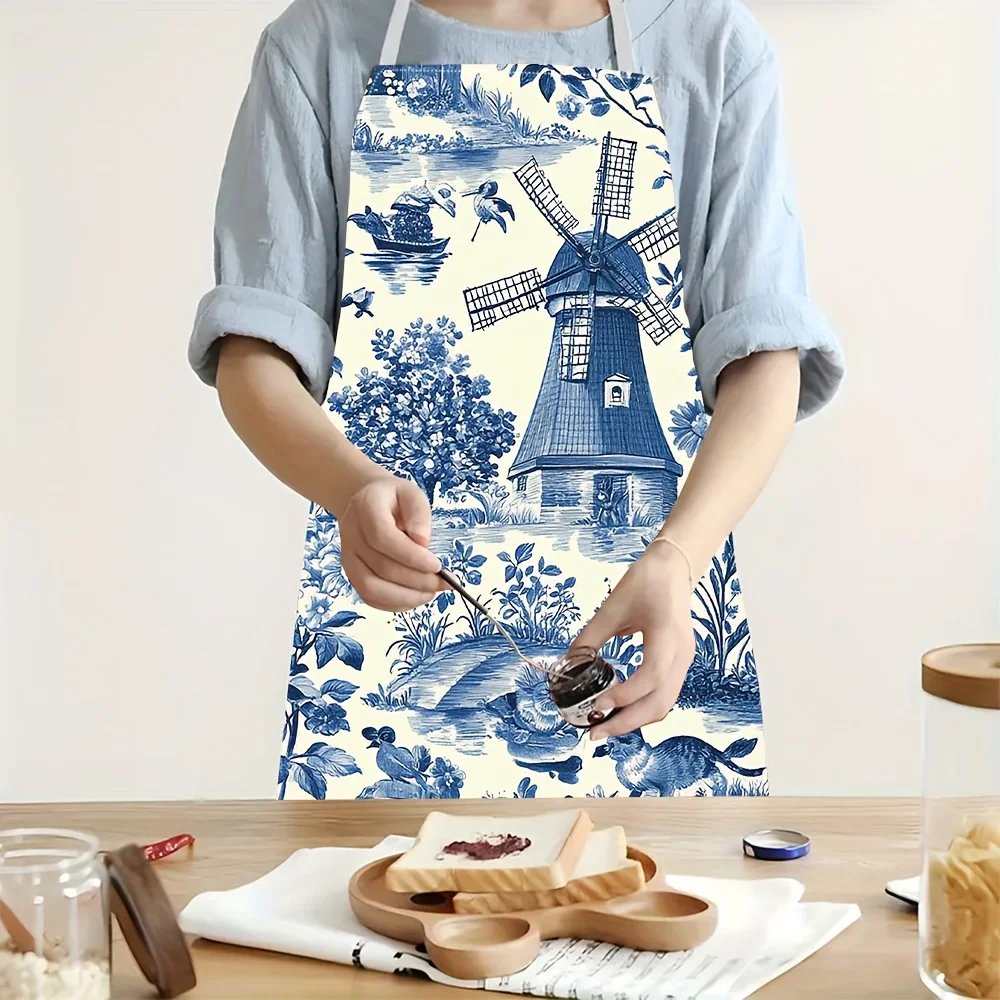 

Dutch Toile Apron Blue Windmill Tulip House Birds Linen Kitchen Baking Cooking Gown Home Decor Gift Unisex Machine Washable