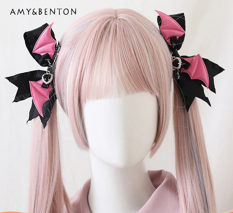 

New Lolita Sweet Cute Bow Girl Hair Accessoires Mine Harajuku Hotsweet Chain Y2K Wings Shape Halloween Hair Clips for Women