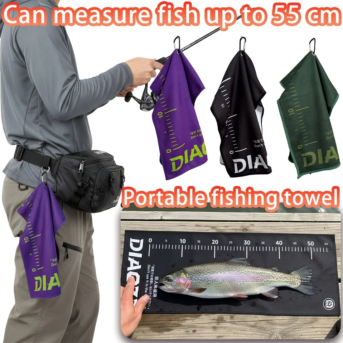 Fishing Towel with Built-In Fish Ruler Superfine Fiber Quick Dry Absorbent Towel Buckle for Outdoor Fishing Camping Travel