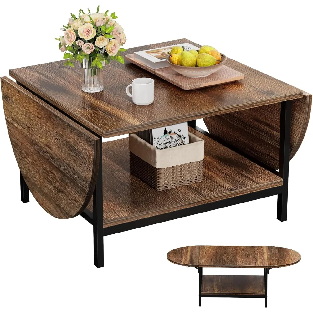 

2-Tier Folding Coffee Table with Storage, Mid-Century Vintage Center Table for Living Room & Small Spaces