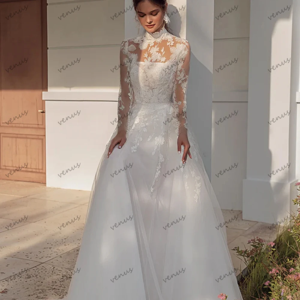 

Gorgeous Wedding Dresses A Line Tulle Tiered Bridal Gowns Lace Appliques Full Sleeves Robes Vestidos De Novia Customized 2025