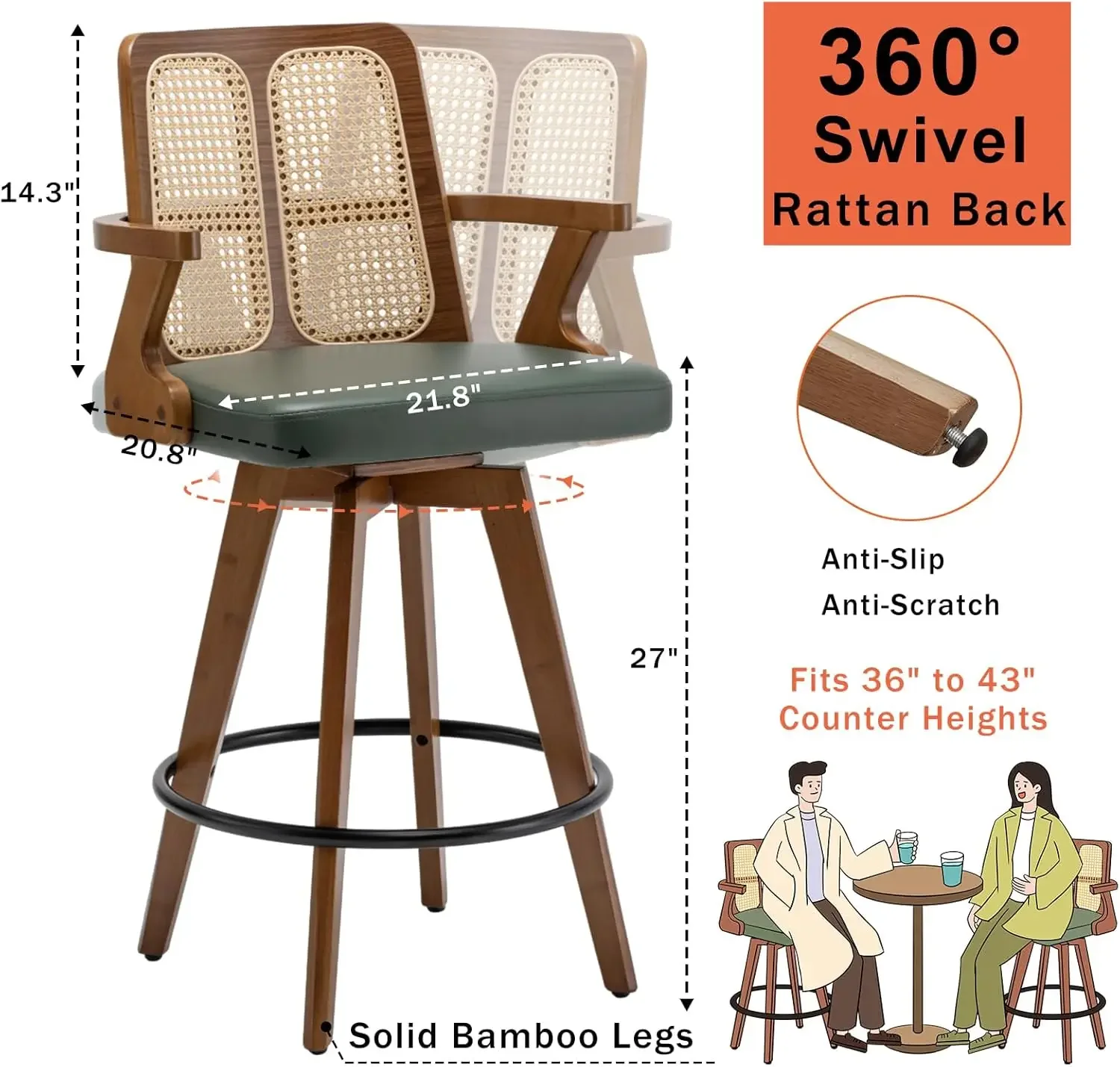 Set of 2 Bar Stools - 27 inch Swivel Rattan bar stools with Cane Back, Curved Arms,Adjustable Bamboo Legs,Walnut Green