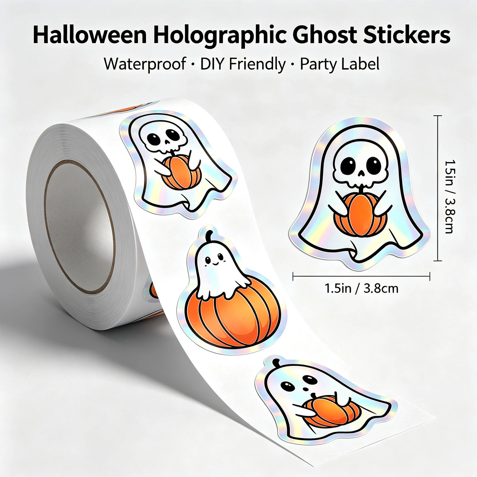 300Pcs 1.5In/3.8Cm Halloween Ghost Pumpkin DIY Waterproof Stickers Halloween Party Atmosphere Stickers Envelope Decoration Packaging Label Stickers Glitter Ghost Sticker Roll Behavior Reward Stickers