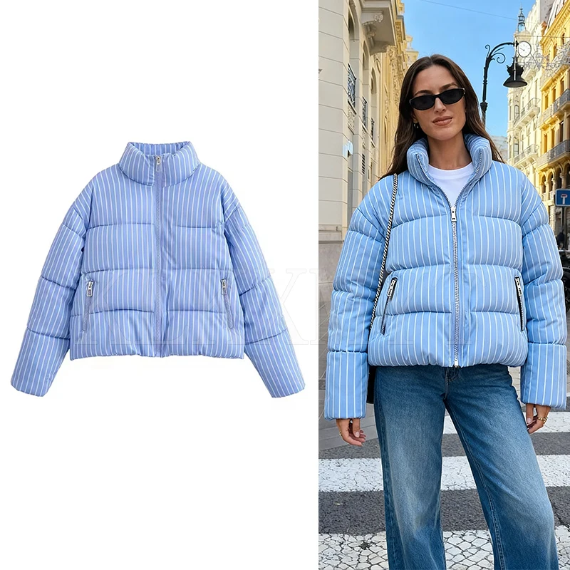 

Женская шикарная зимняя куртка в сине-белую полоску с воротником-стойкой на молнии, короткая парка, пальто, модные уличные повседневные куртки, верхняя одежда