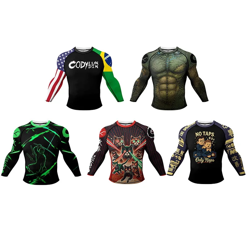 Sublimation MMA Rashguard Men's Long T-shirts Bjj Jiu Jitsu Exercise Sportwear High Elastic Boxing Compression Grappling Blouse