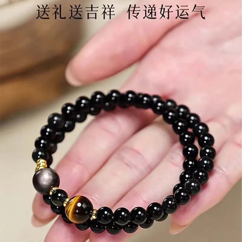 Natural Bracelet With Double-Strand Tiger'S Eye Beads And Silver Obsidian Charm
