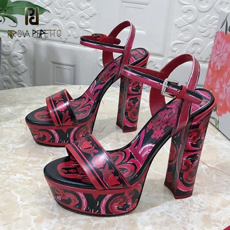 Chunky Heel Platform Printing Flower Women Summer Sandal Shoes Ankle Strap Genuine Leather Luxury 2023 New Designer Shoe