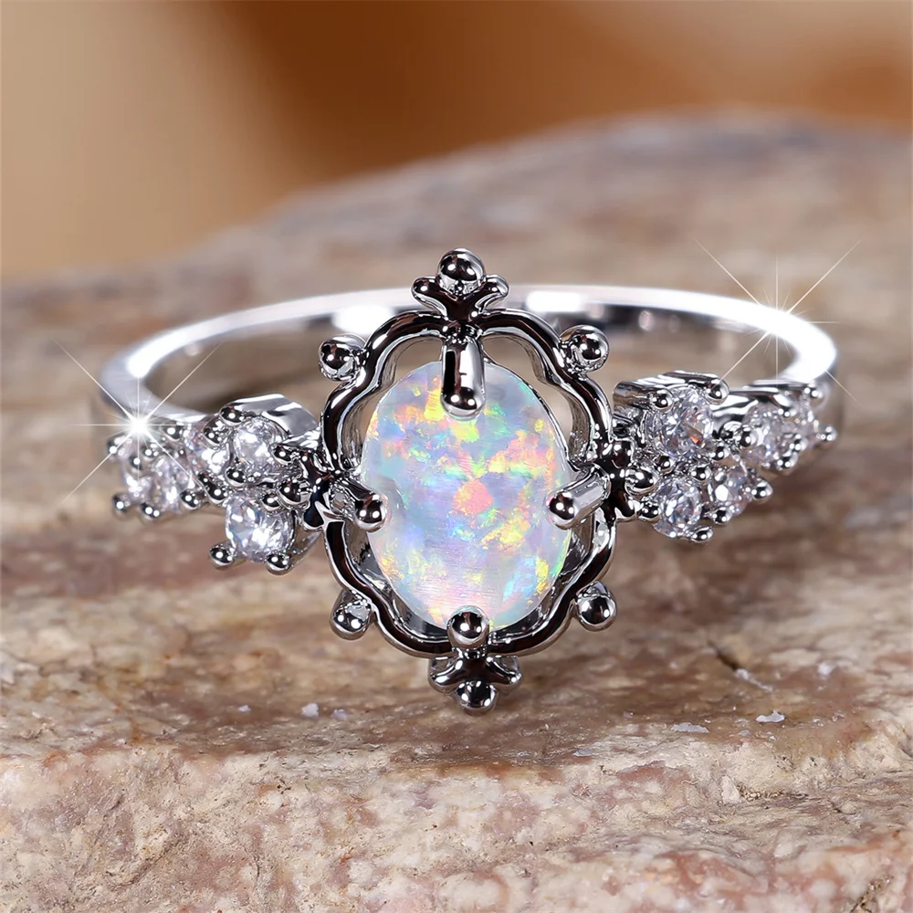 White Fire Opal Oval Stone Engagement Rings For Women Vintage Silver Color Luxury Crystal Wedding Bands Birthstone Jewelry Gifts