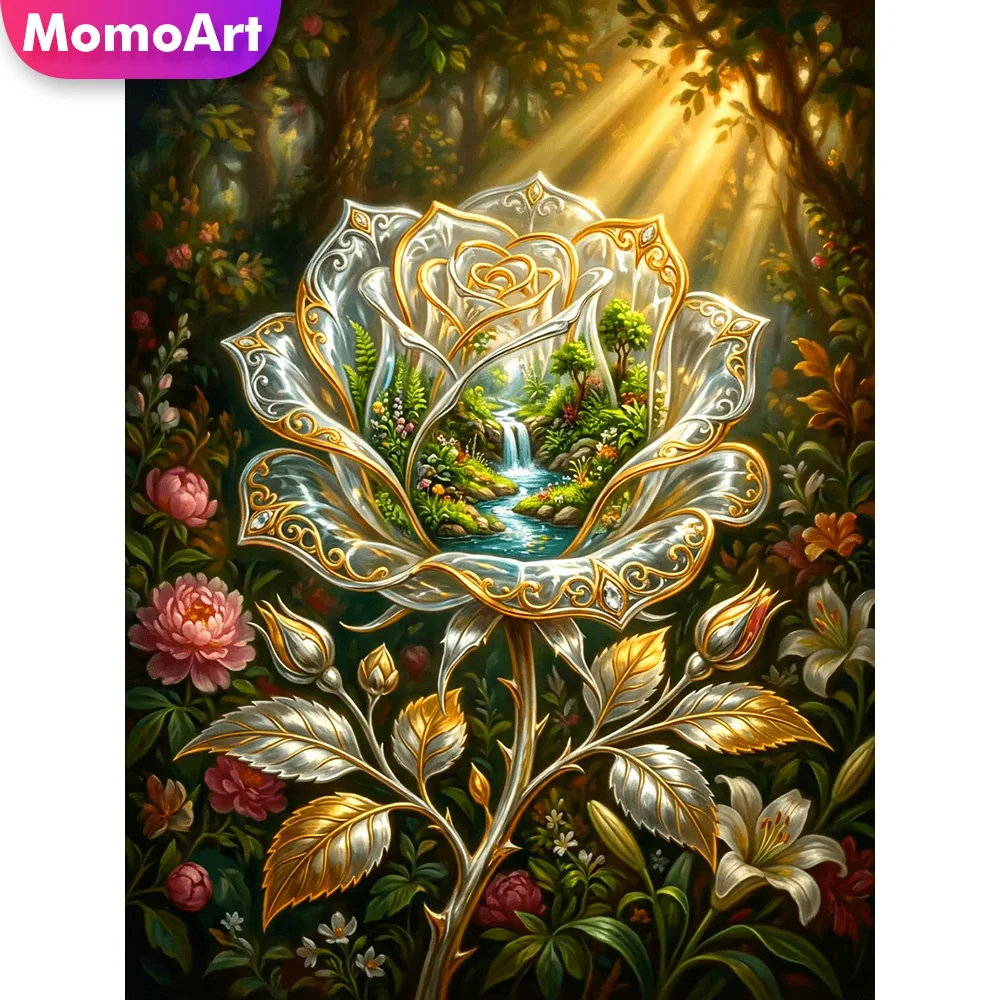 Momoart Diamant-Mosaik Blumenrose DIY Strass-Gemälde Wald Vollquadrat Kreuzstich Stickerei Baum Handgemachtes Hobby