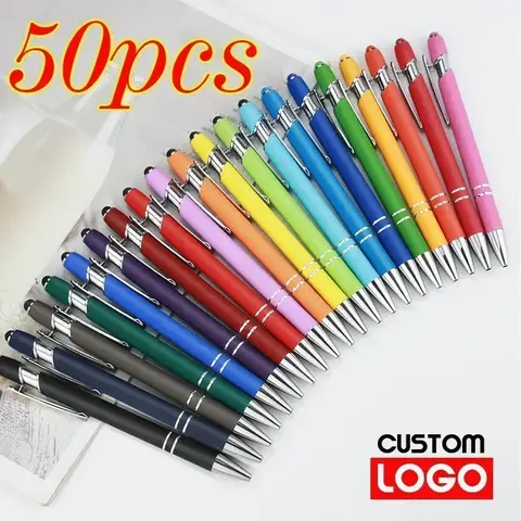 50pcs 가벼운 금속 볼펜 터치 스크린 펜 사무실 학교 광고 펜 사용자 정의 로고 텍스트 조각 레이저 조각