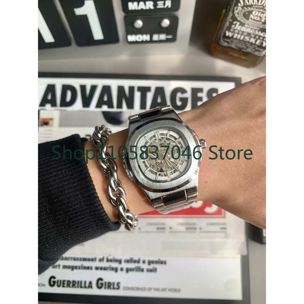 Retro square watch for men, personalized hollow mechanical watch, fully automatic tourbillon, neutral and versatile, night light