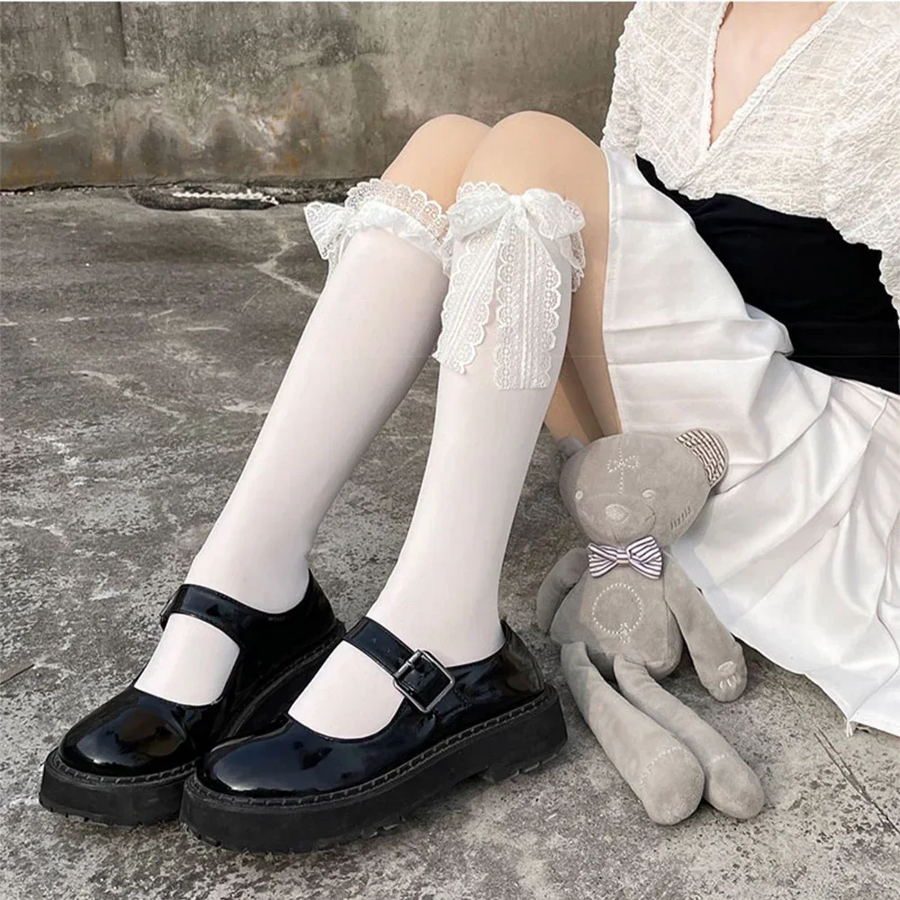 Sweet Girls JK Lolita Stockings Japanese Gothic Lace Bow Knee High Long Socks Lingerie Women Cute Solid Ruffles Girls Stockings